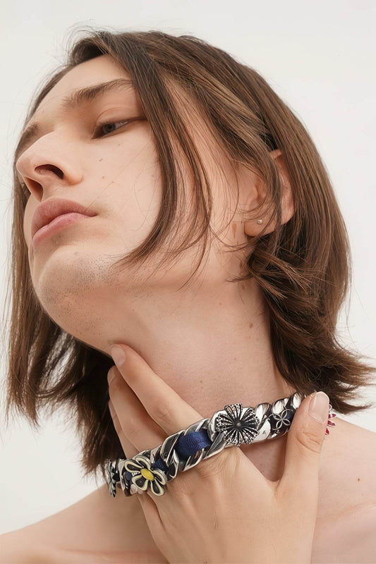 Satin Floral Cuban Chain - Unisex Ribbon Necklace Statement Piece