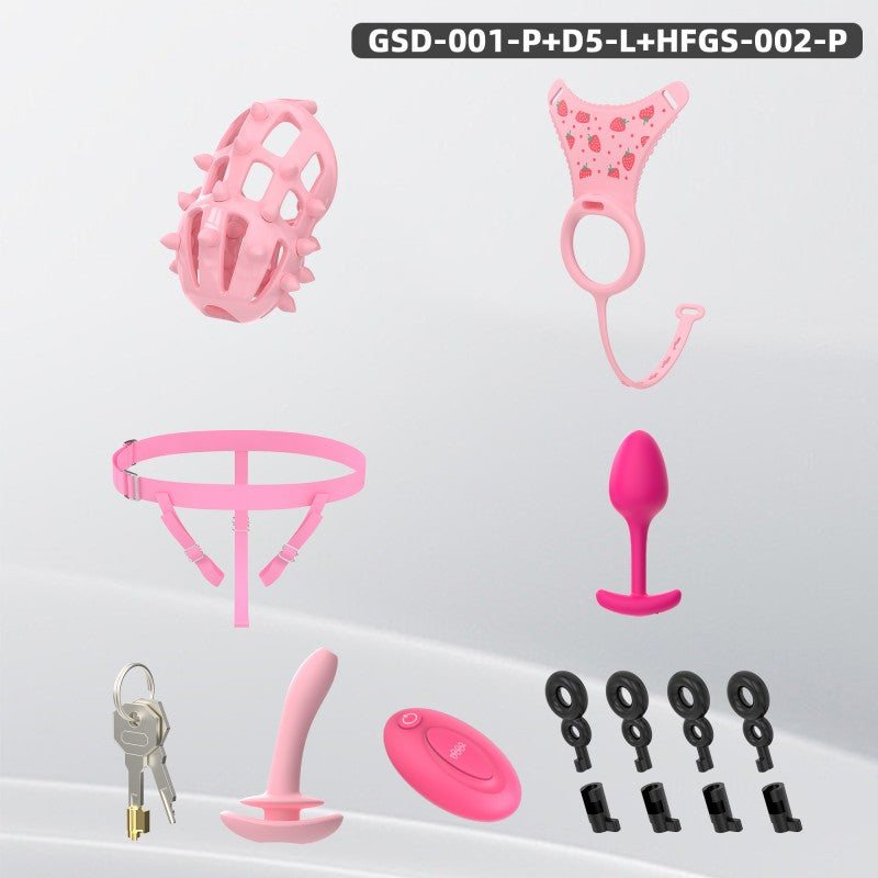 Spiked Chastity Cage Harness Set with Remote Vibrating Anal Plug GSD