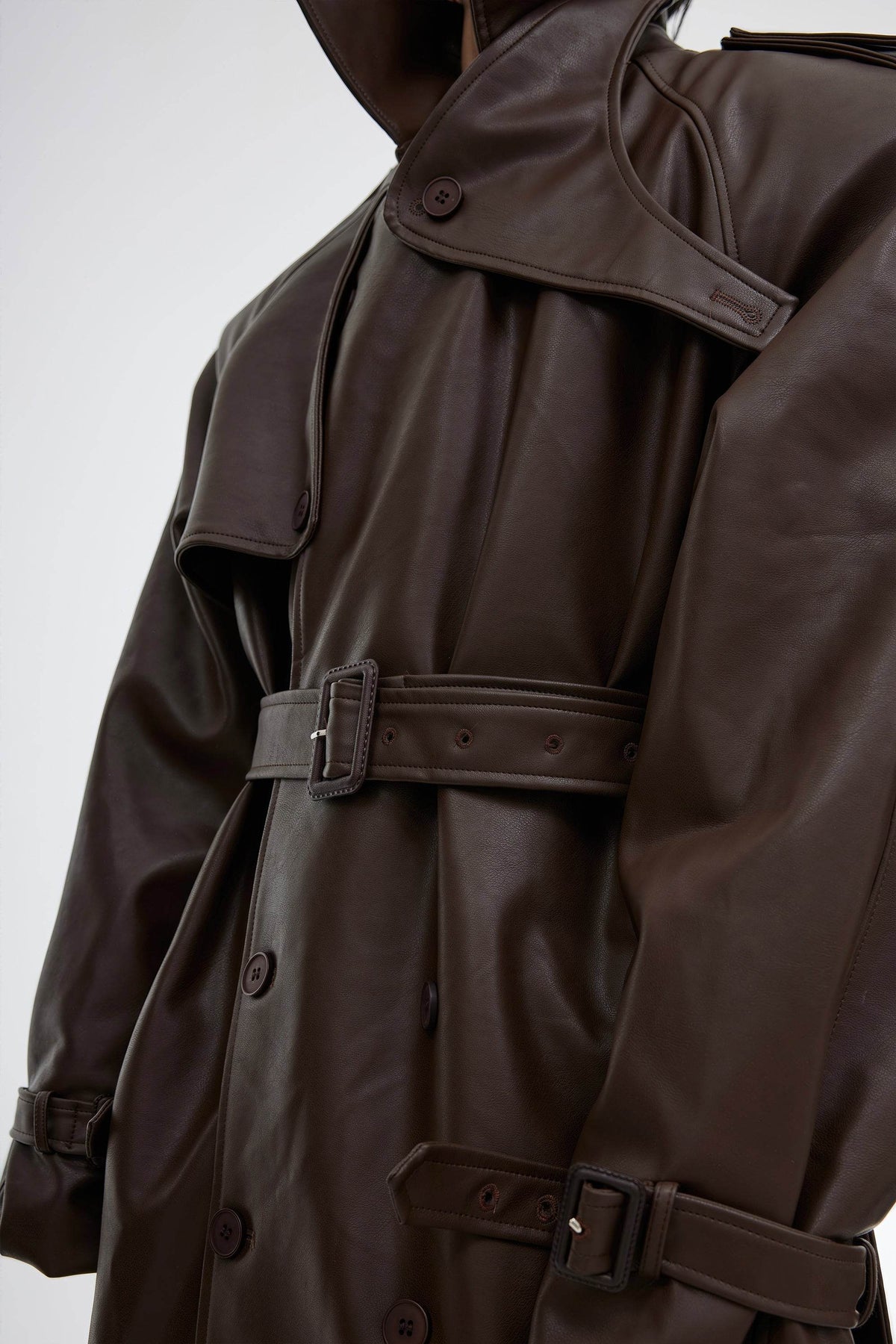 Structured PU Leather Coat - Oversized Trench with Shoulder Pads