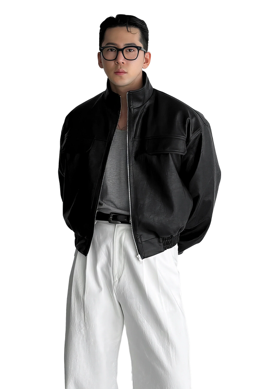 Men's Biker Leather Jacket – Short Moto Jacket with Pockets