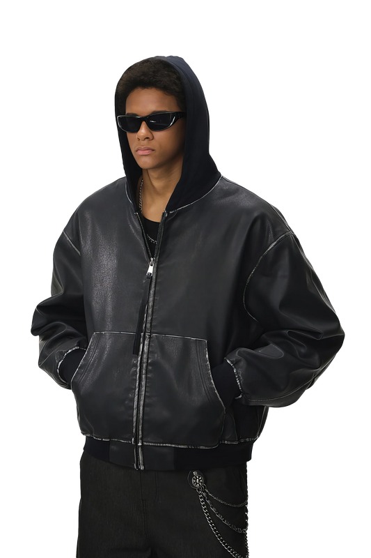 Washed Leather Hooded Jacket - Vintage American Street Style