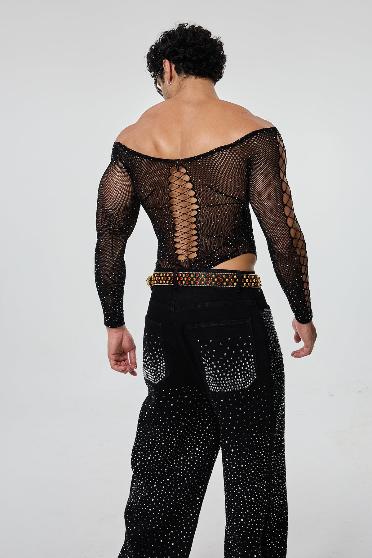 Second Outline Off Shoulder Rhinestone Cutout Bodysuit