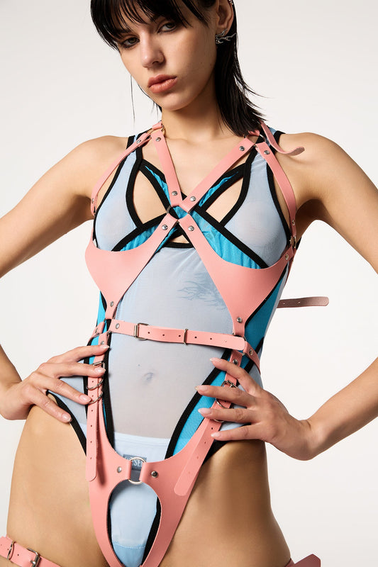 Shadow Bind Leather Halter Neck Leg Ring Pink