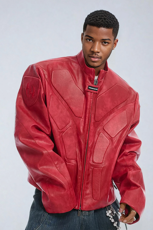 Sharp Coil Long Sleeve Leather Jacket Red