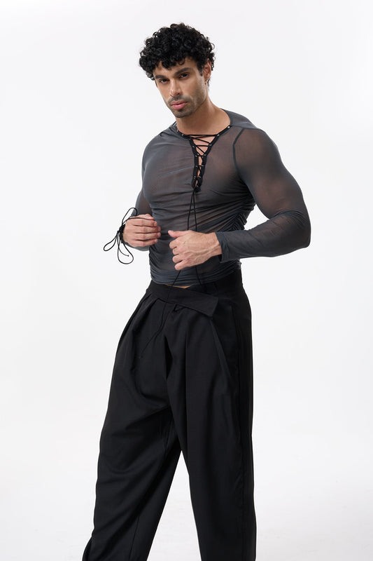Skin Mist Lace Up Mesh Ruched Top