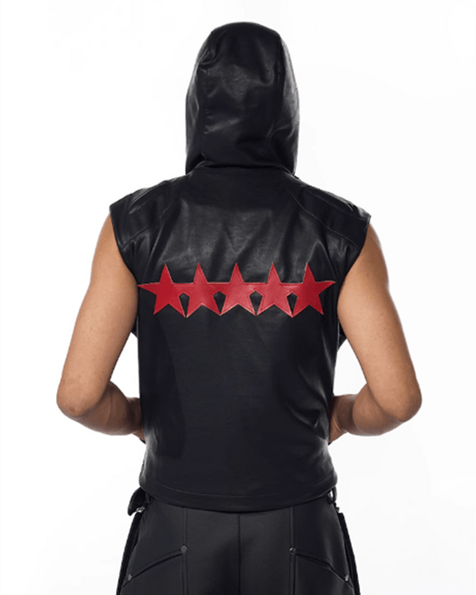 Hooded Faux Leather Sleeveless Vest with Tech Circle Detail