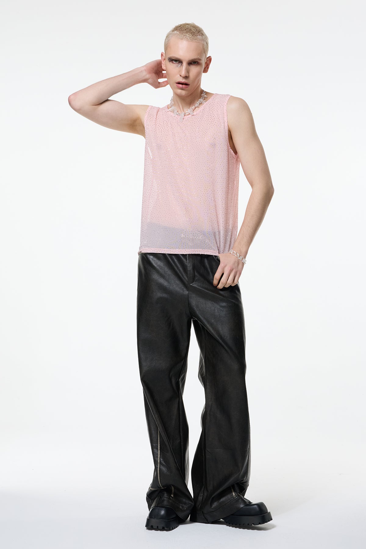 Soft Edge Rhinestone Mesh Tank Top