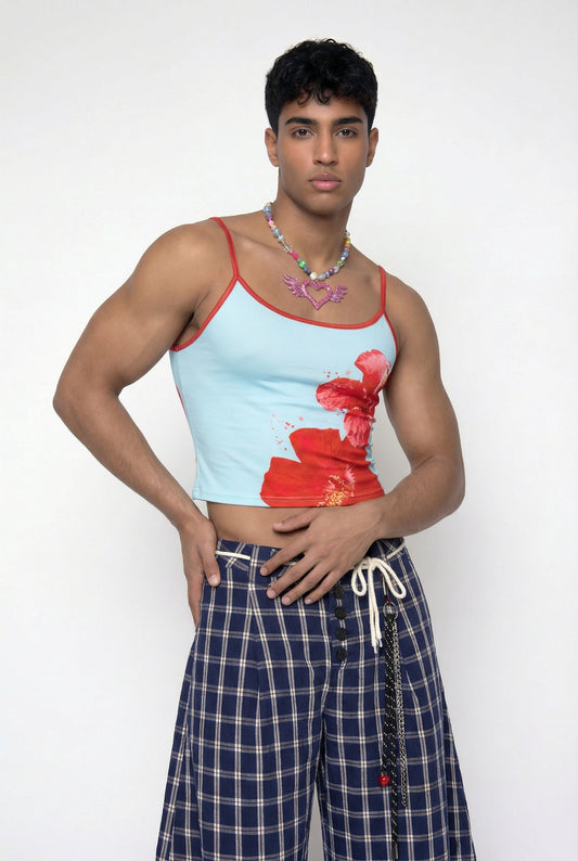 Soft Pattern Floral Print Spaghetti Crop Top Blue