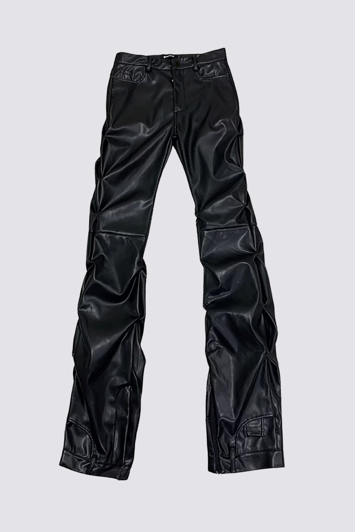 Solid Strut Ruched Straight Leather Pants