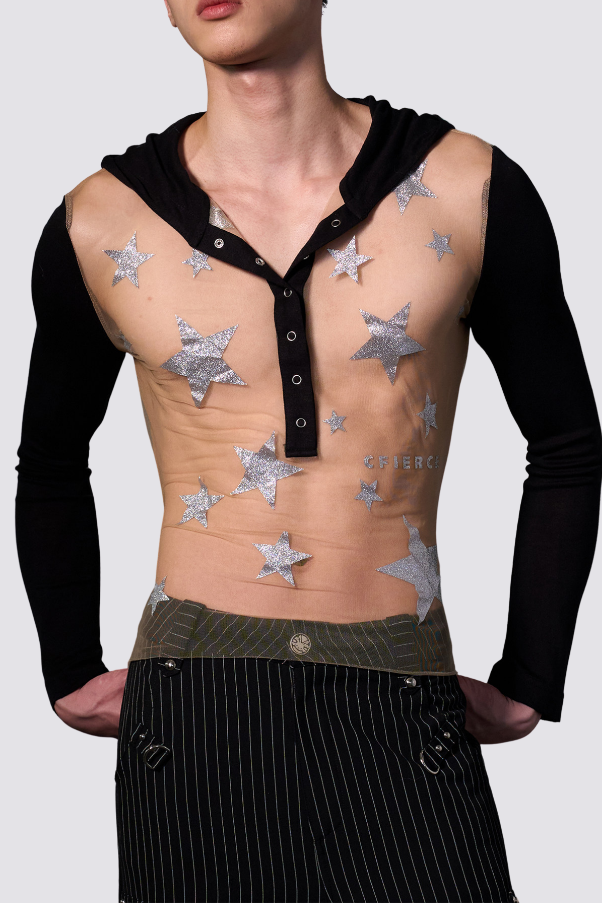 Spliced Sense Mesh Hooded Star Print Top Black