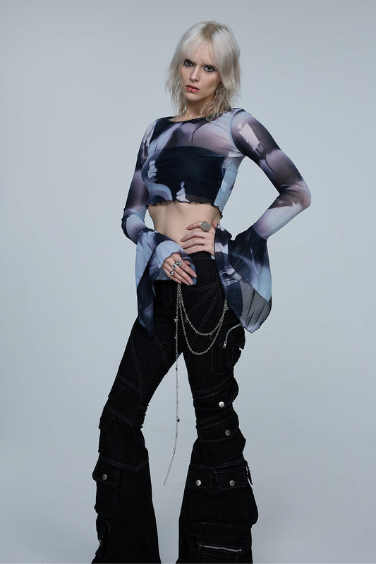 Stark Split Long Sleeve Print Crop Top