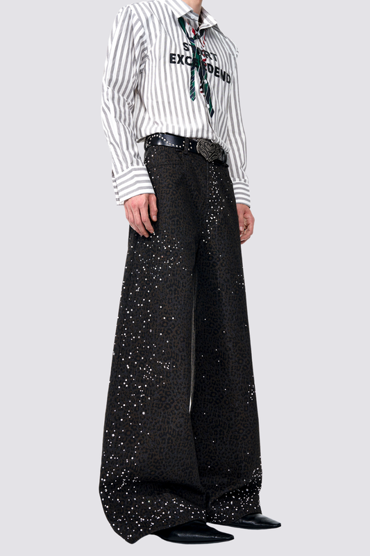 Storm Track Leopard Print Rhinestone Wide Leg Pants