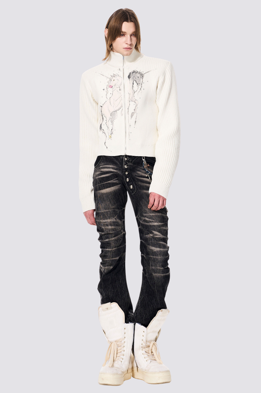 Subtle Knit Unicorn Print Jacket White