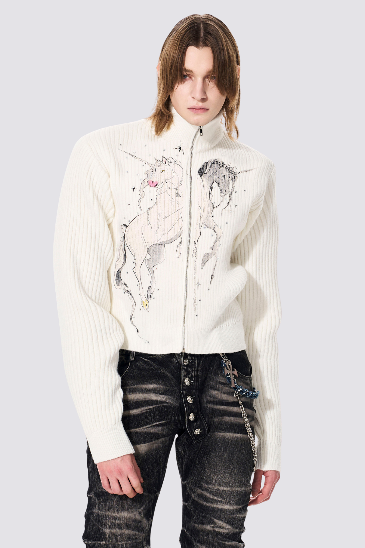 Subtle Knit Unicorn Print Jacket White