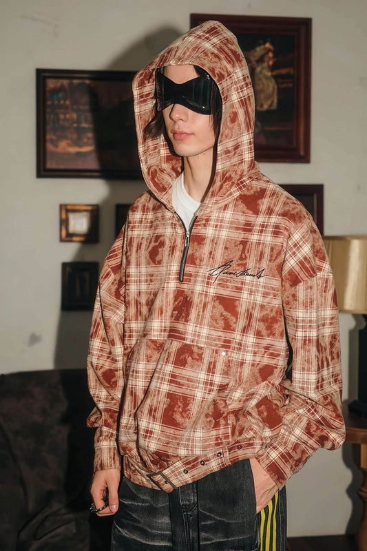 Tie-Dye Hoodie - Half-Zip Belted Checkered Loungewear