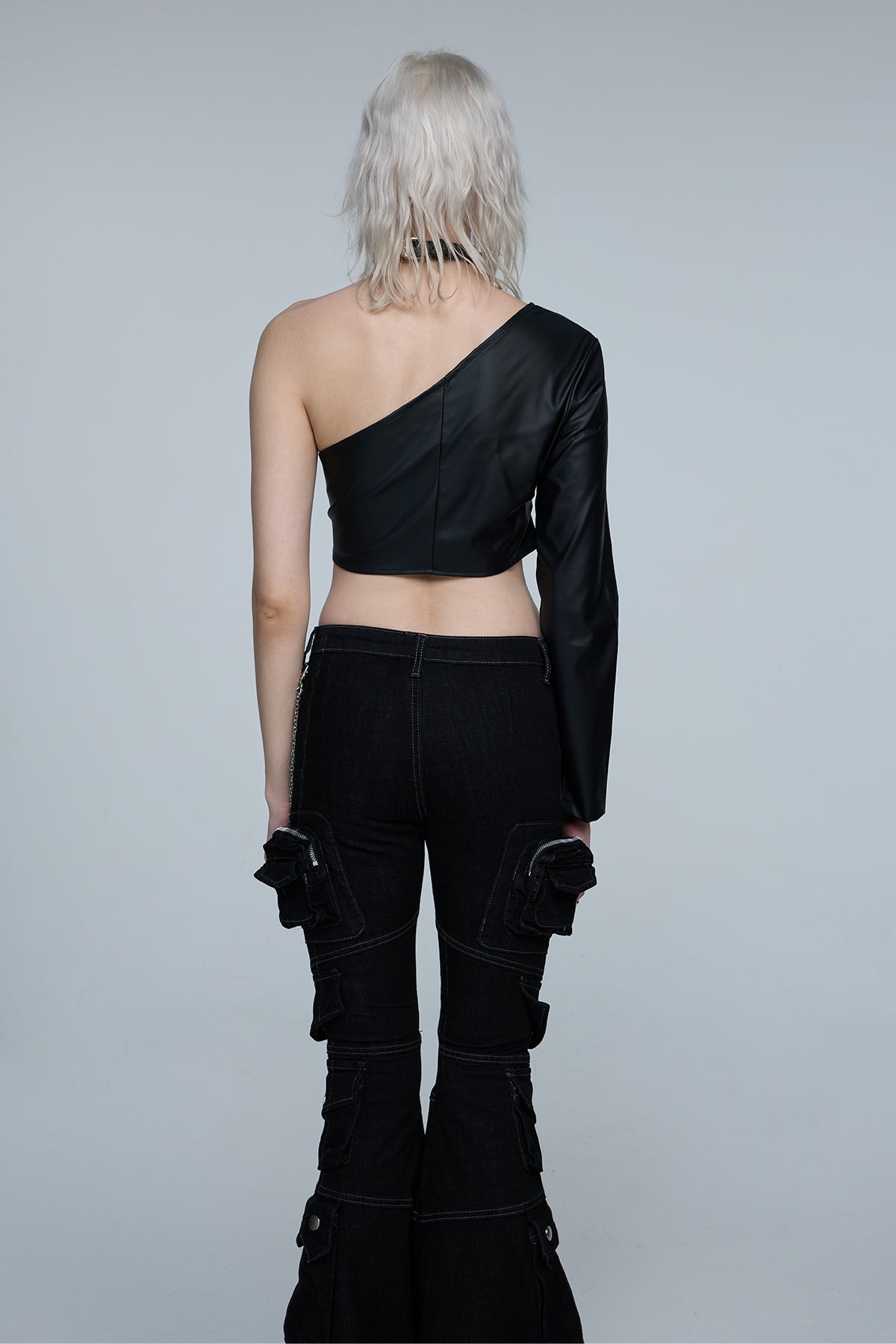 True Lash One Shoulder Leather Crop Top