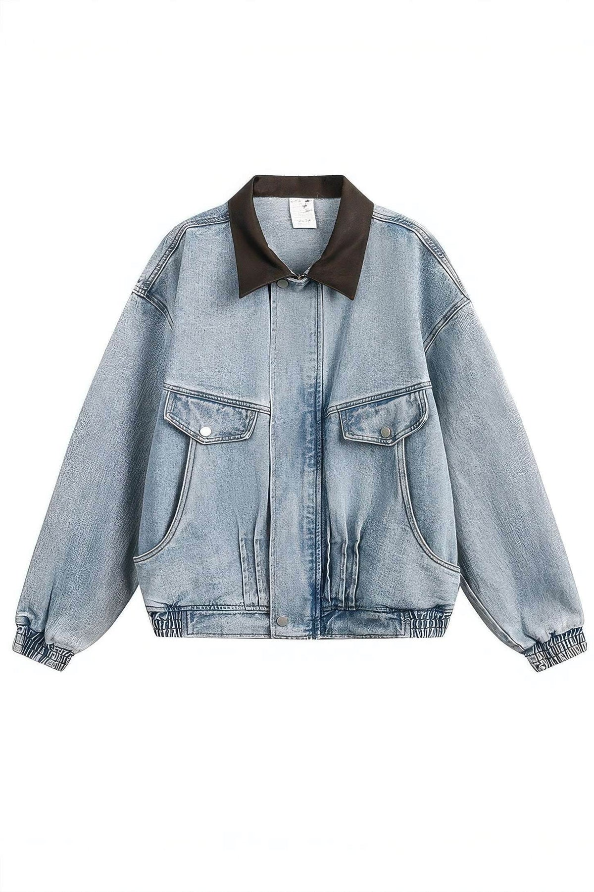 Vintage Washed Denim Jacket with Color Block Collar, American Streetwear Style