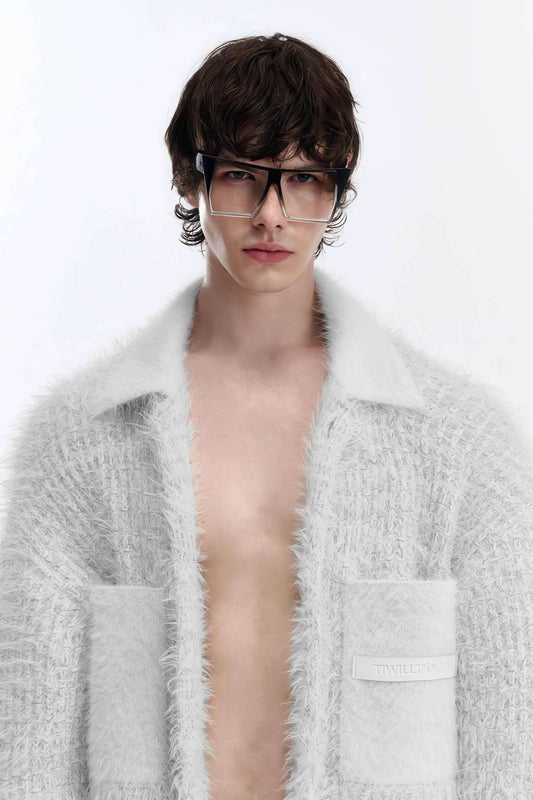 White Chunky Knit Cardigan - Ceramic Button & Shawl Collar Design