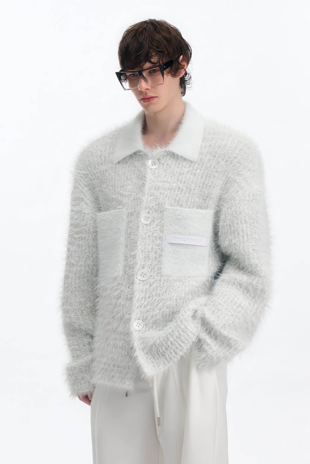 White Chunky Knit Cardigan - Ceramic Button & Shawl Collar Design