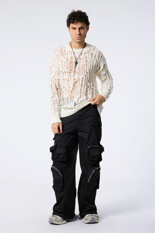 Warm Loop Cutout Knit Long Sleeve Top Beige
