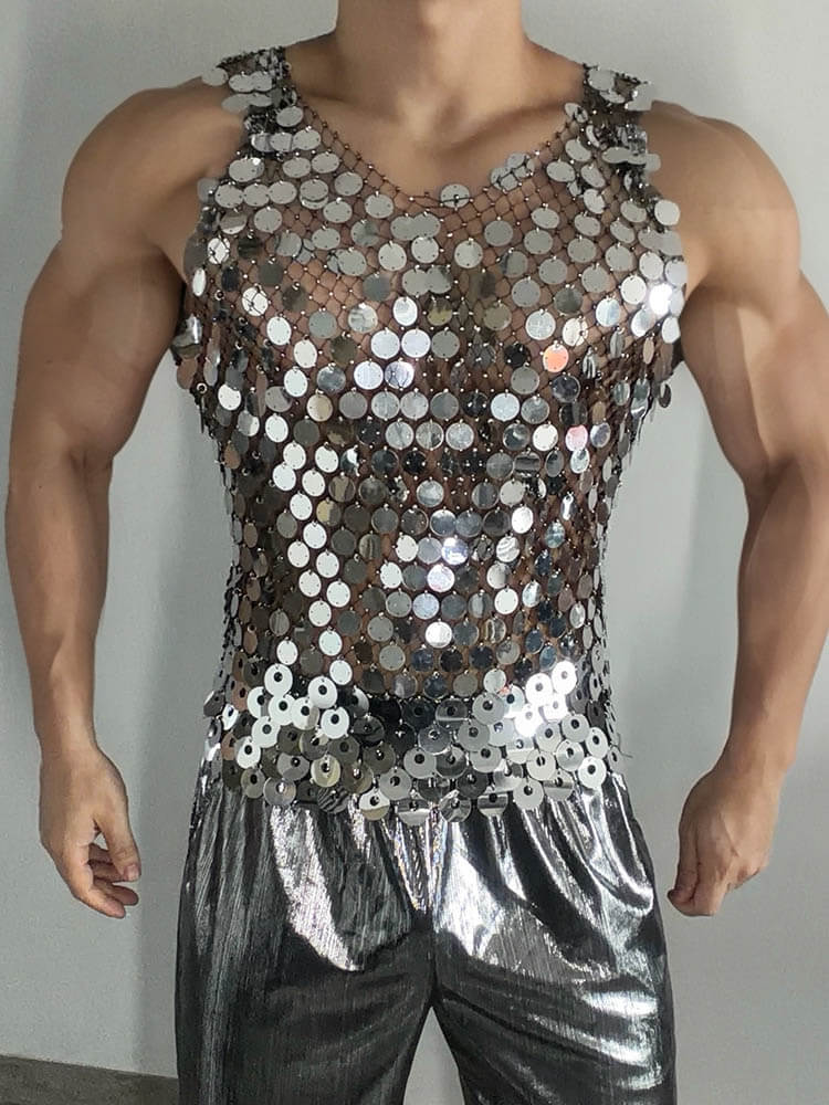 Men's Sexy Sequined Hollow Fishnet Tank Top