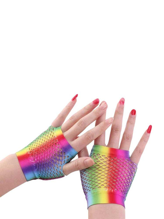 Rainbow Mesh Fishnet Party Wear Gloves