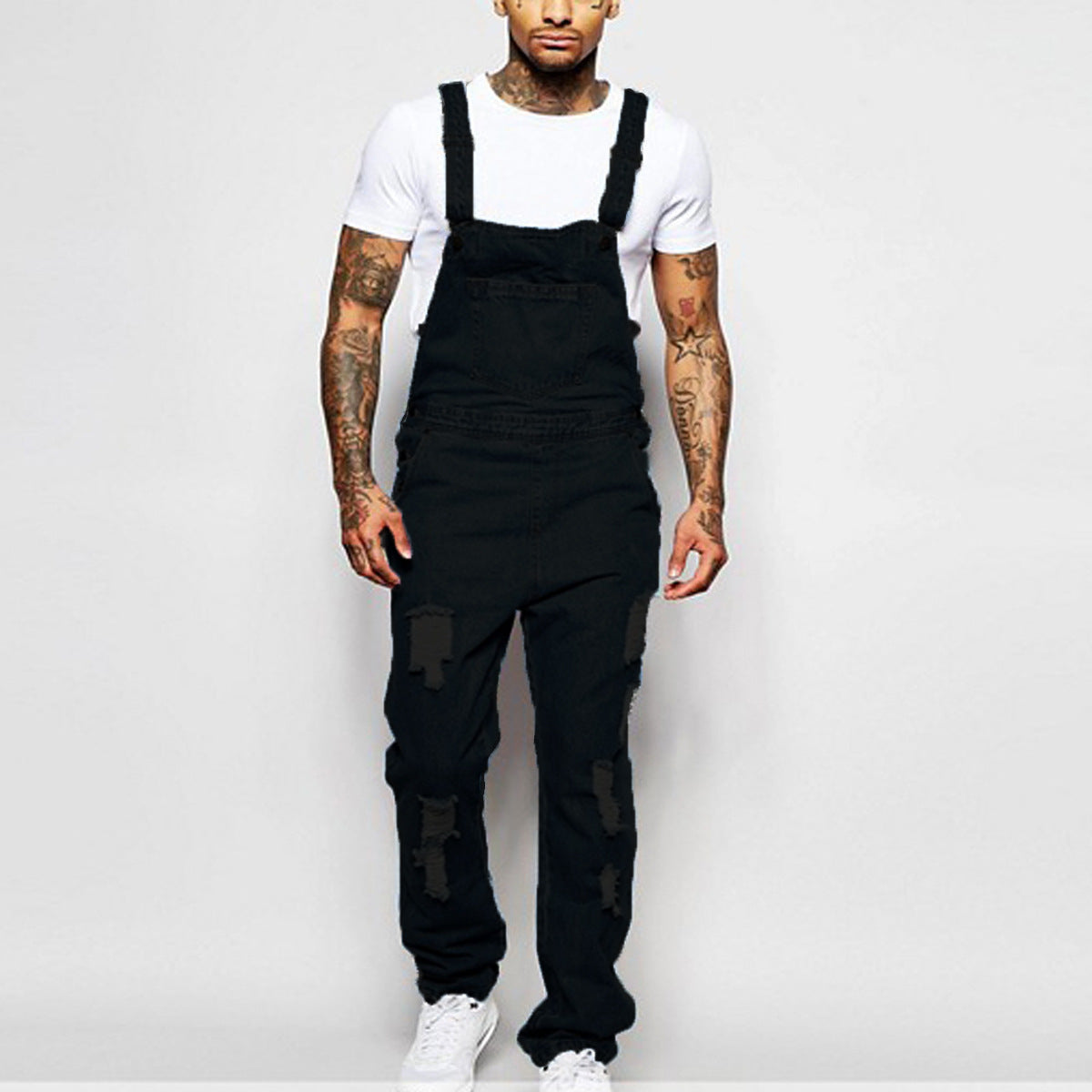 Men's Denim Overall Jumpsuit Distressed Ripped Jeans Pants