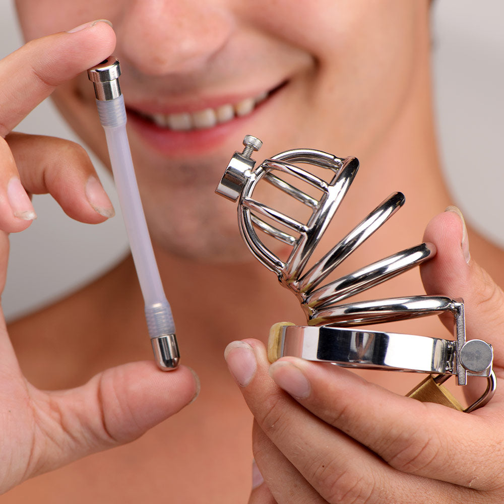 Stainless Steel Chastity Cage with Urethral Insert