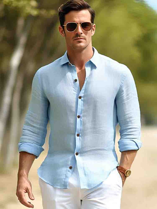 Men's Solid Color Lapel Cotton and Linen Shirt