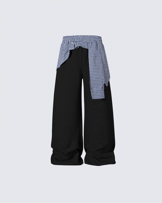 Plaid Shirt-Waist Wide-Leg Sweatpants