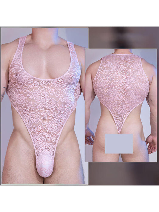 Men's Sexy Sheer Floral Lace Elastic Bodysuit