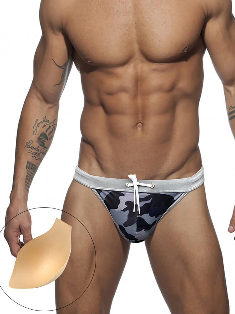 Men's Camouflage High Fork Drawstring Swim Briefs