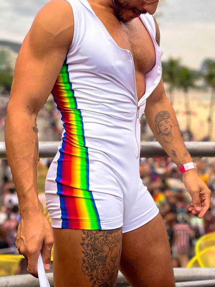 Men's Rainbow Stripe Pattern Contrast Bodysuit - Black