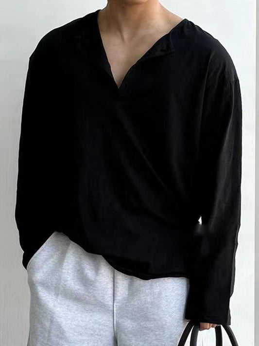 Men's Loose Henley Collar Long-sleeved T-shirt