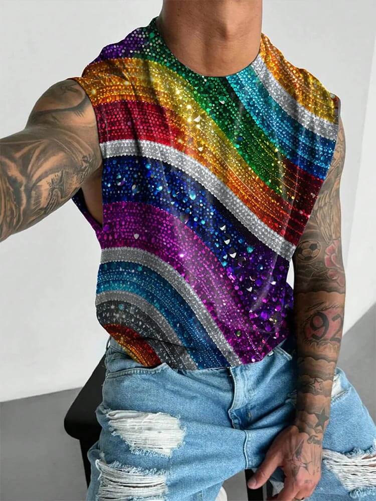 Men's Rainbow Shiny Ripples LGBT Gay Wide Shoulder Vest