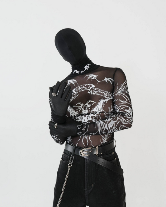 Gothic Mesh Long Sleeve Top with Graphic Print