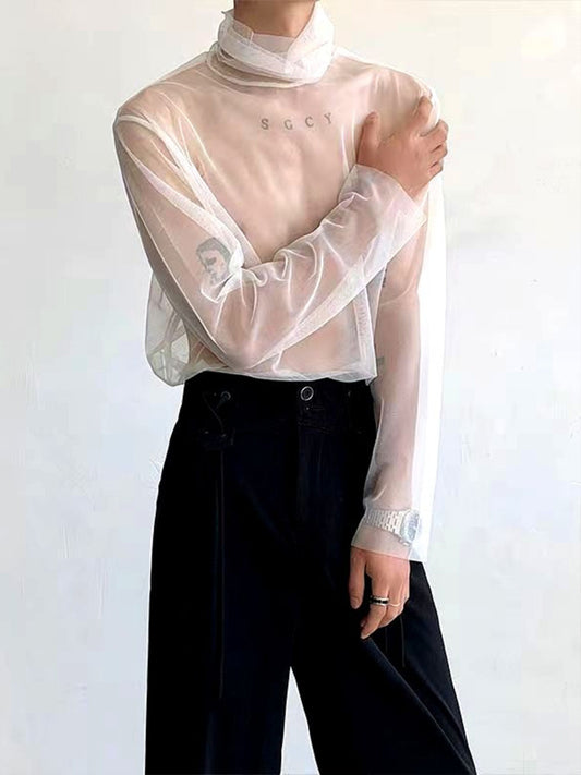 Men's Mesh See-through High Neck Seductive T-shirt