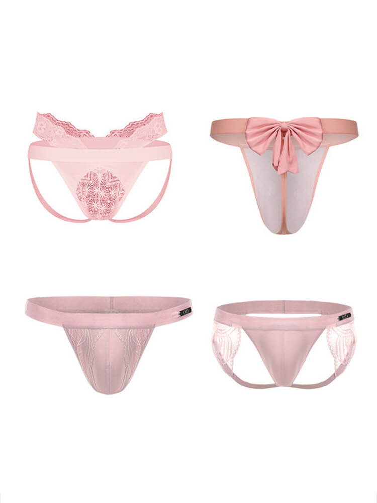 Men's Low-Rise Hollow-Out Sexy Pink Thong Set