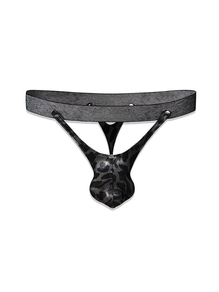 Men's Sexy Silver Black Leopard Print Cutout Thong