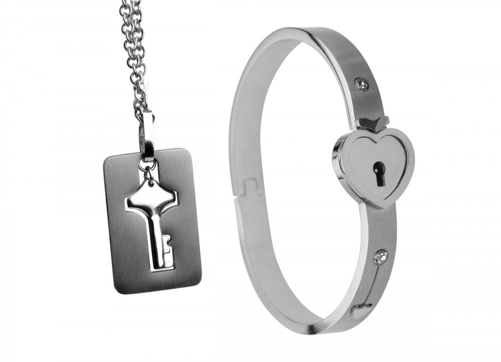 Grey Cuffed Locking Bracelet and Key Necklace