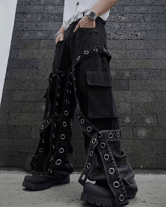 Punk Strap Eyelet Wide-Leg Cargo Pants