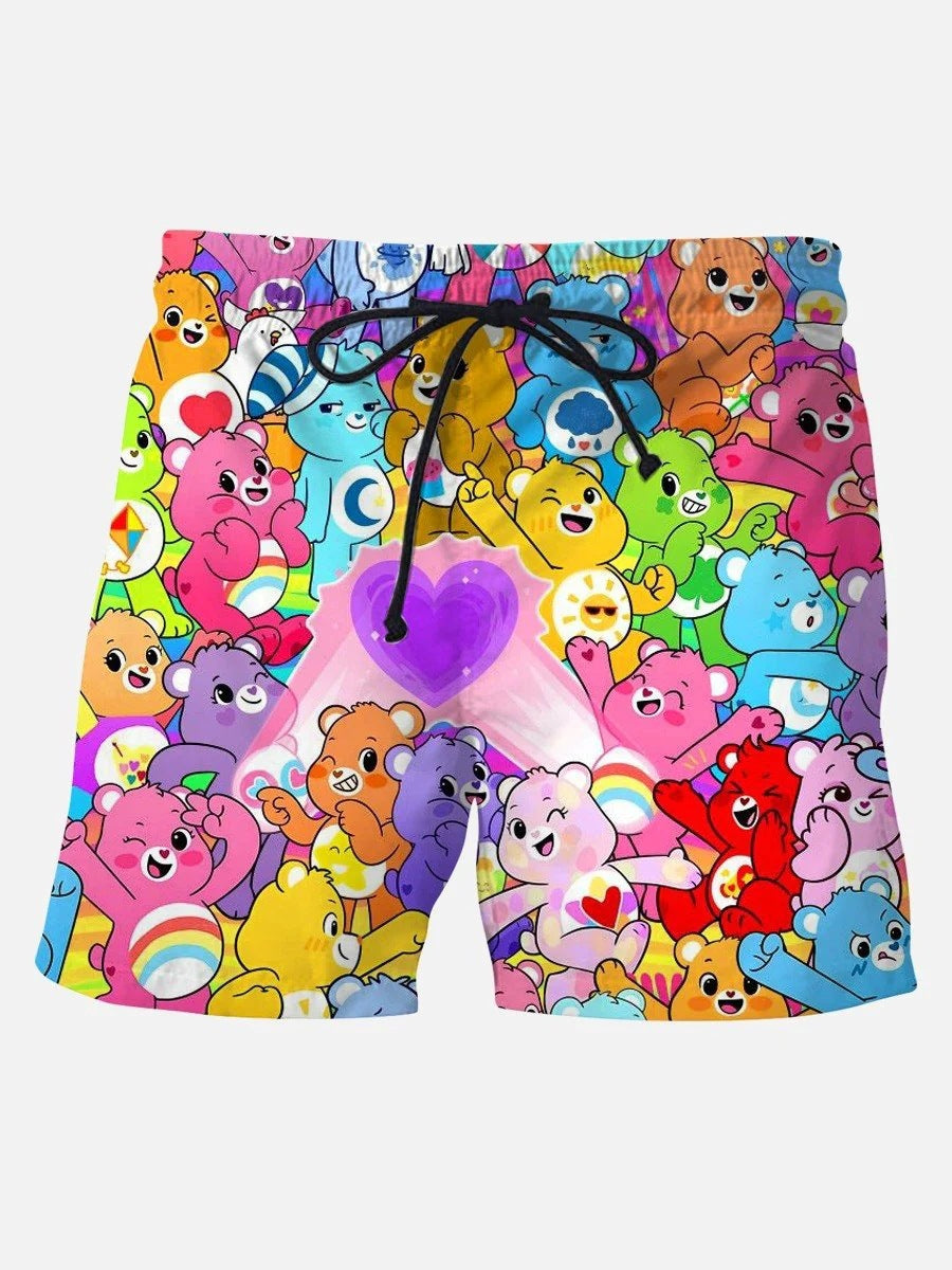 Men's Cartoon Print Drawstring Beach Shorts