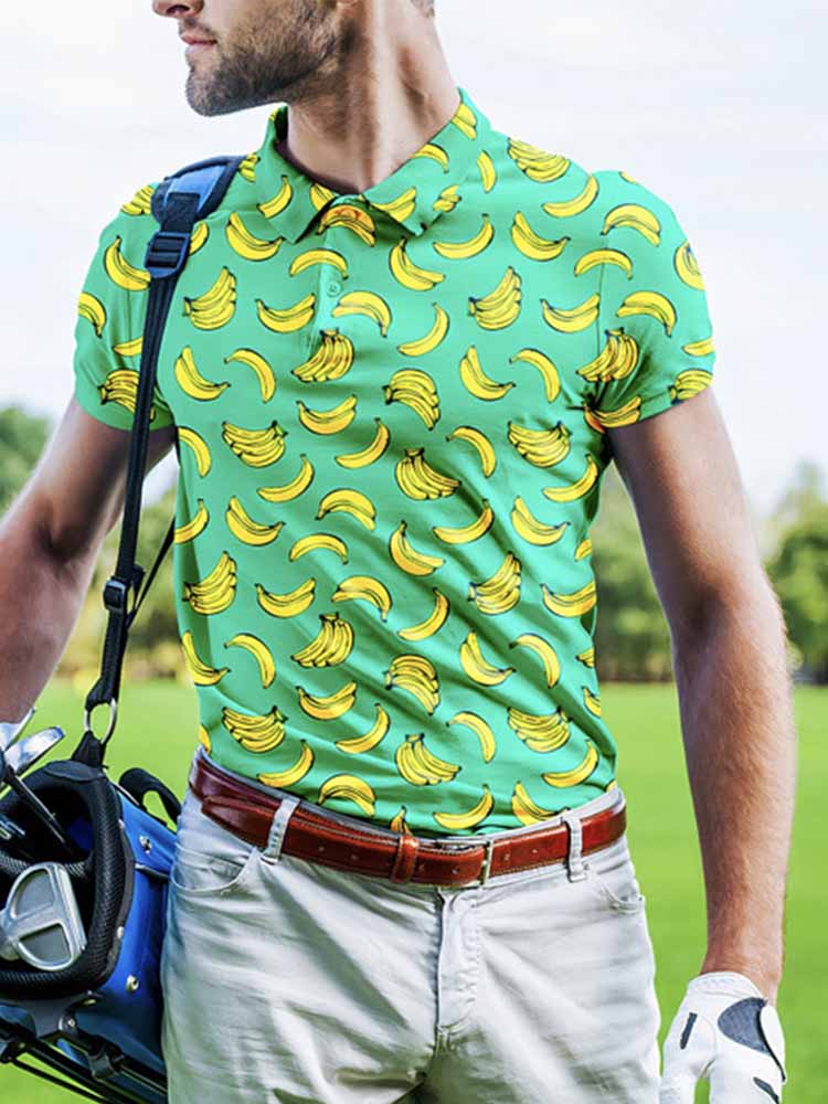 Men's Banana Print Button Lapel Polo Shirt