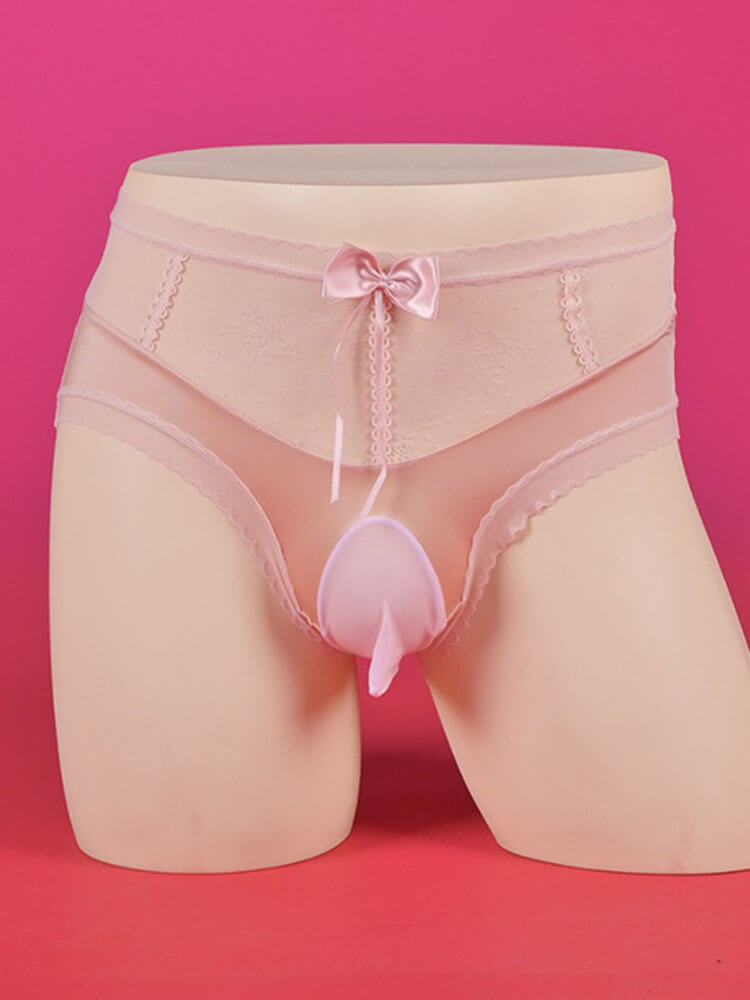 Men's Sexy Bow Openwork Lace Solid Color Briefs