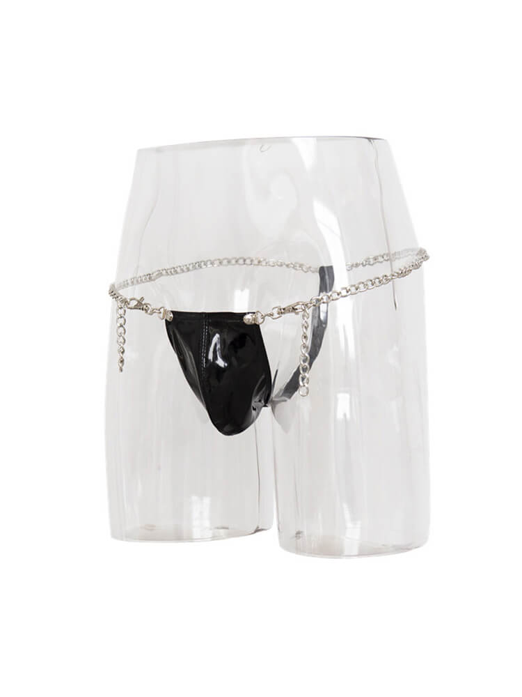 Men's Sexy Patent Leather Iron Chain Thong