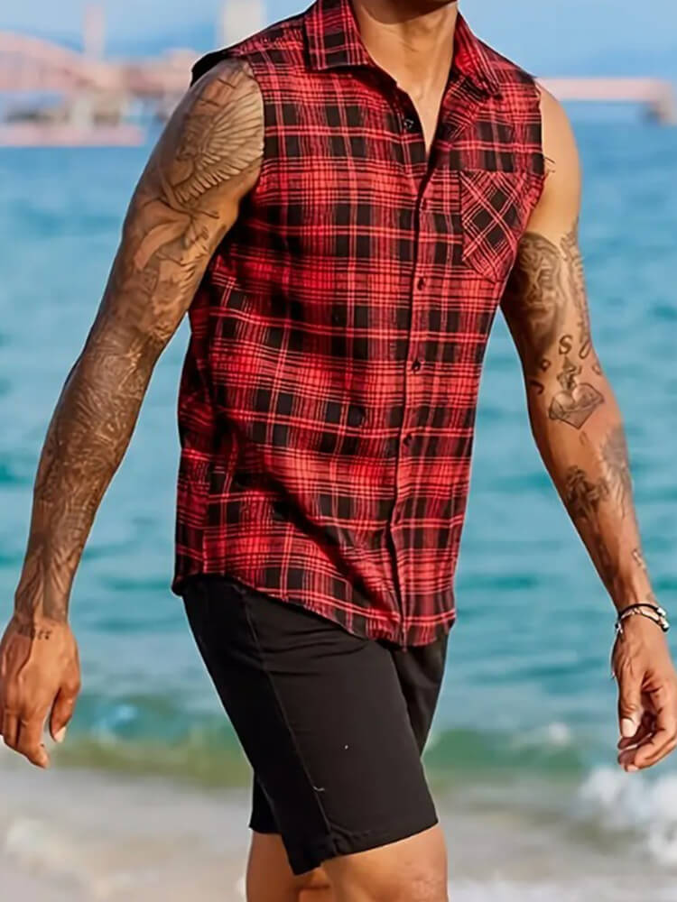 Men's Casual Breathable Plaid Sleeveless Shirt