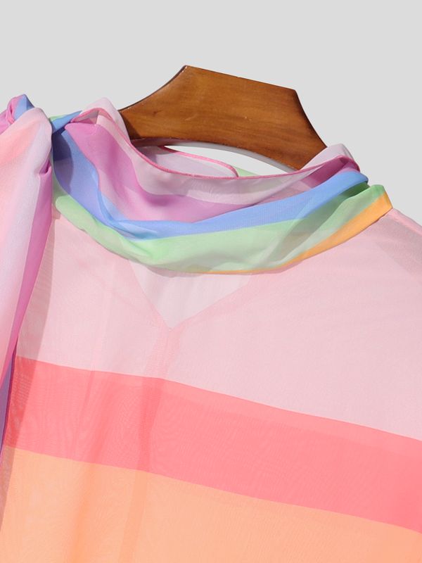 Men's New Romanticism Rainbow Gradient Sheer Organza Long Sleeve Shirt SKUL64253