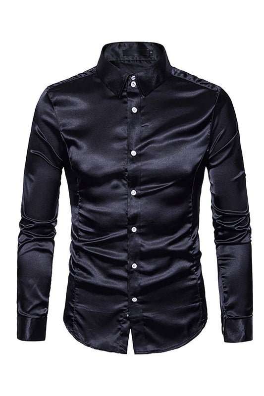Satin Button Turndown Collar Slim Semi Formal Long Sleeve Shirt