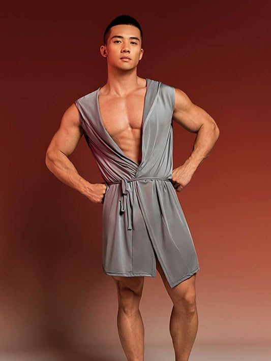 Men's Solid Quick Dry Sleeveless Hooded Bathrobe