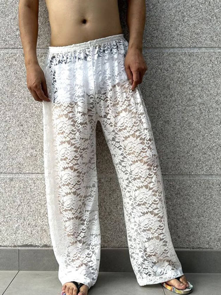 Men's Floral Lace Loose Semi-Sheer Straight Pants